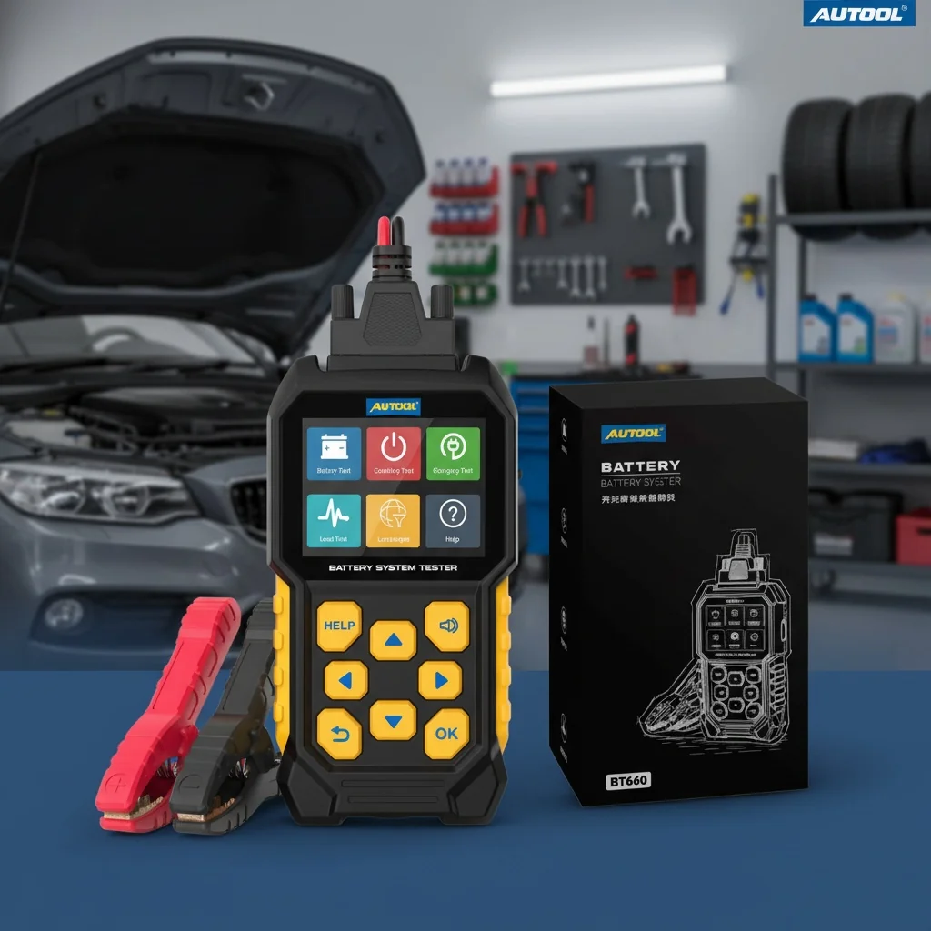 Mechanic performing a car diagnostic test with battery tester in a UK garage