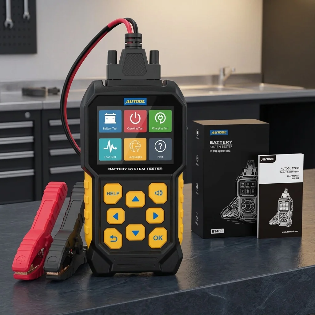 AUTOOL battery tester on a UK garage workbench beside hand tools