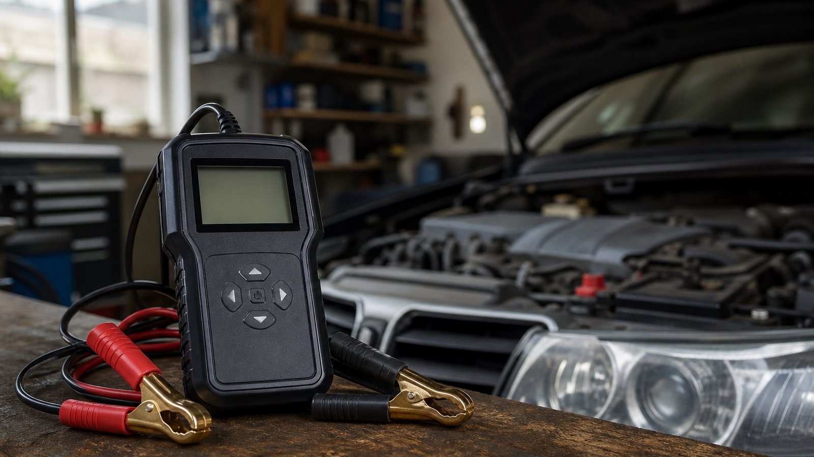 car battery tester in a clean UK lifestyle scene