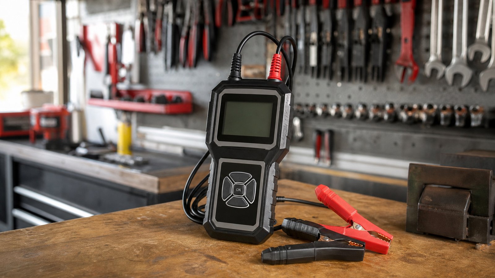 car battery tester in a clean UK lifestyle scene