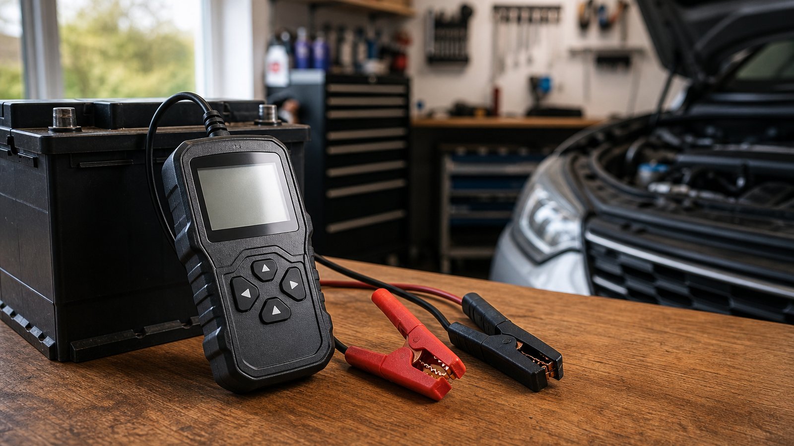 car battery tester in a clean UK lifestyle scene