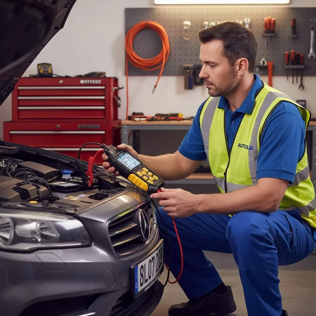 Mechanic using AUTOOLUK diagnostic tool to check a car battery